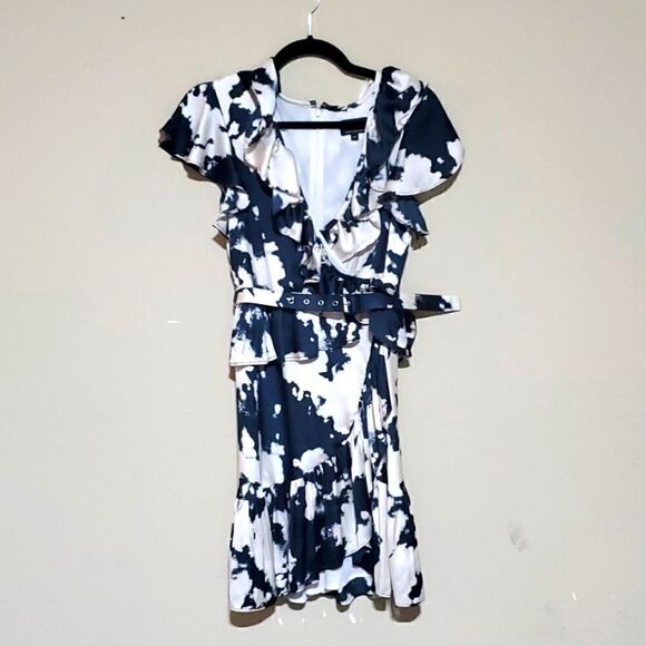 BARDOT Navy/Cream Blue Ruffle Wrap Dress - Size 6/S - Picture 1 of 9